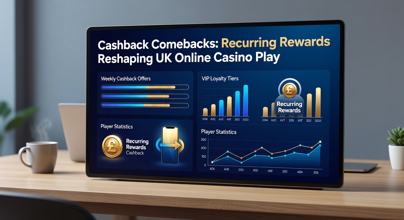 Infographic depicting UK players engaging with cashback dashboards on laptops and phones, surrounded by rising charts of retention rates and reward icons