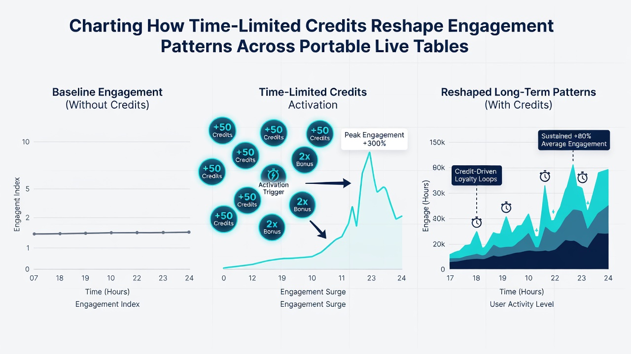Analytics dashboard displaying engagement curves for time-limited credits on live mobile casino tables