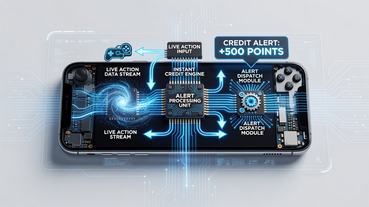 Screenshot of a mobile screen displaying an instant credit alert during a live dealer blackjack session