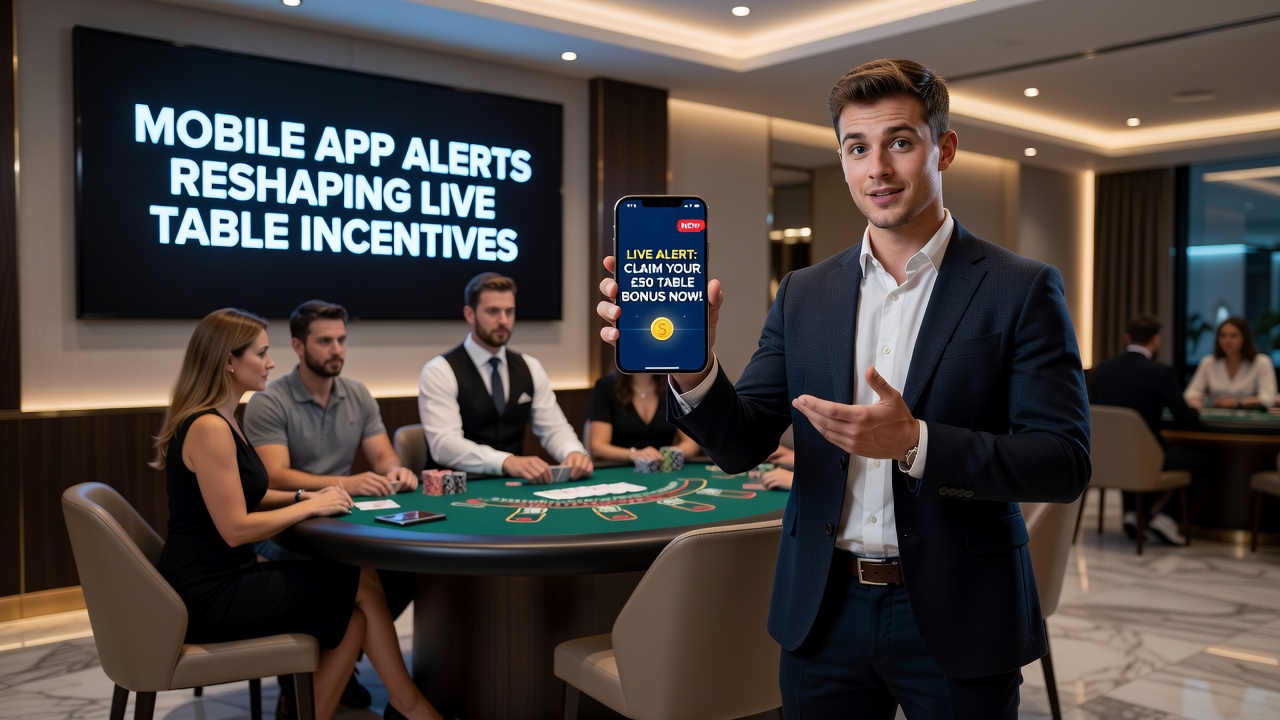 British player using mobile device at home with casino app alerts visible for live table incentives