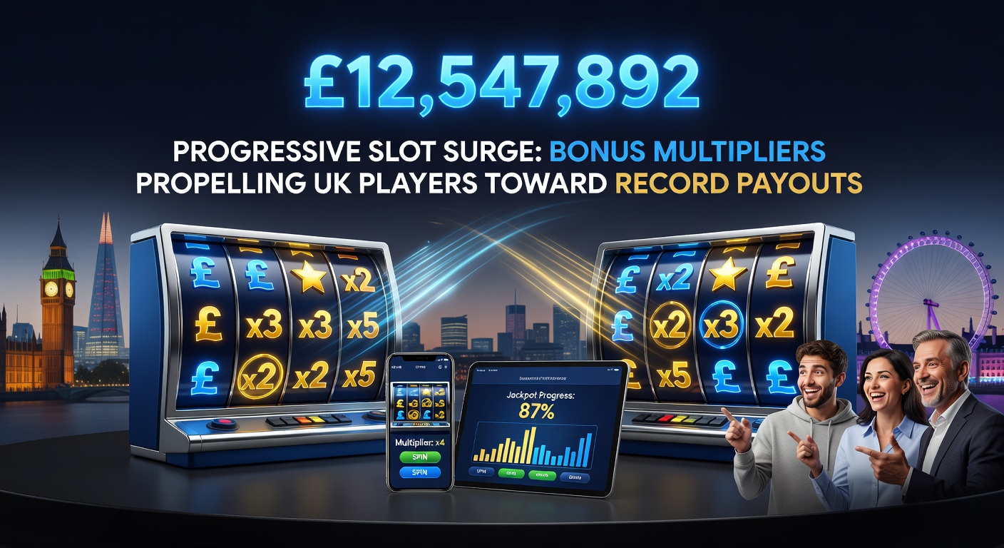 UK casino player celebrating a massive progressive jackpot win on a slot screen, with bonus multiplier symbols exploding in gold and jackpot meters maxed out